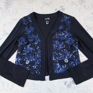 NEW JOSEPH RIBKOFF BLACK MIDNIGHT BLUE SEQUINS RHINESTONE OPEN FRONT SWEATER 10